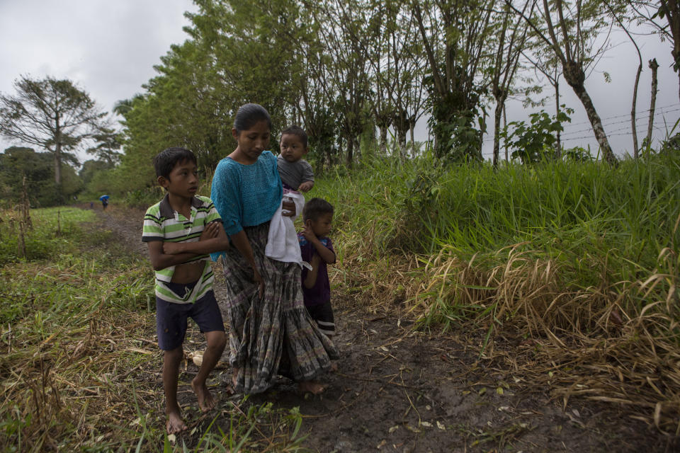 Claudia Maquin, 27, walks home with her three children, Abdel Johnatan Domingo Caal Maquin, 9, left, Angela Surely Mariela Caal Maquin, 6 months, middle, and Elvis Radamel Aquiles Caal Maquin, 5, right, in Raxruha, Guatemala, on Saturday, Dec. 15, 2018. Claudia Maquin's daughter, 7-year old Jakelin Amei Rosmery Caal, died in a Texas hospital, two days after being taken into custody by border patrol agents in a remote stretch of New Mexico desert. (AP Photo/Oliver de Ros)