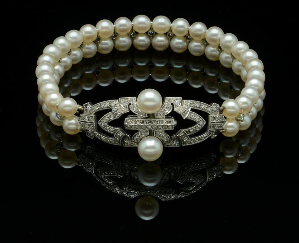 Margaret’s bracelet features diamonds and pearls. Dix Noonan Webb