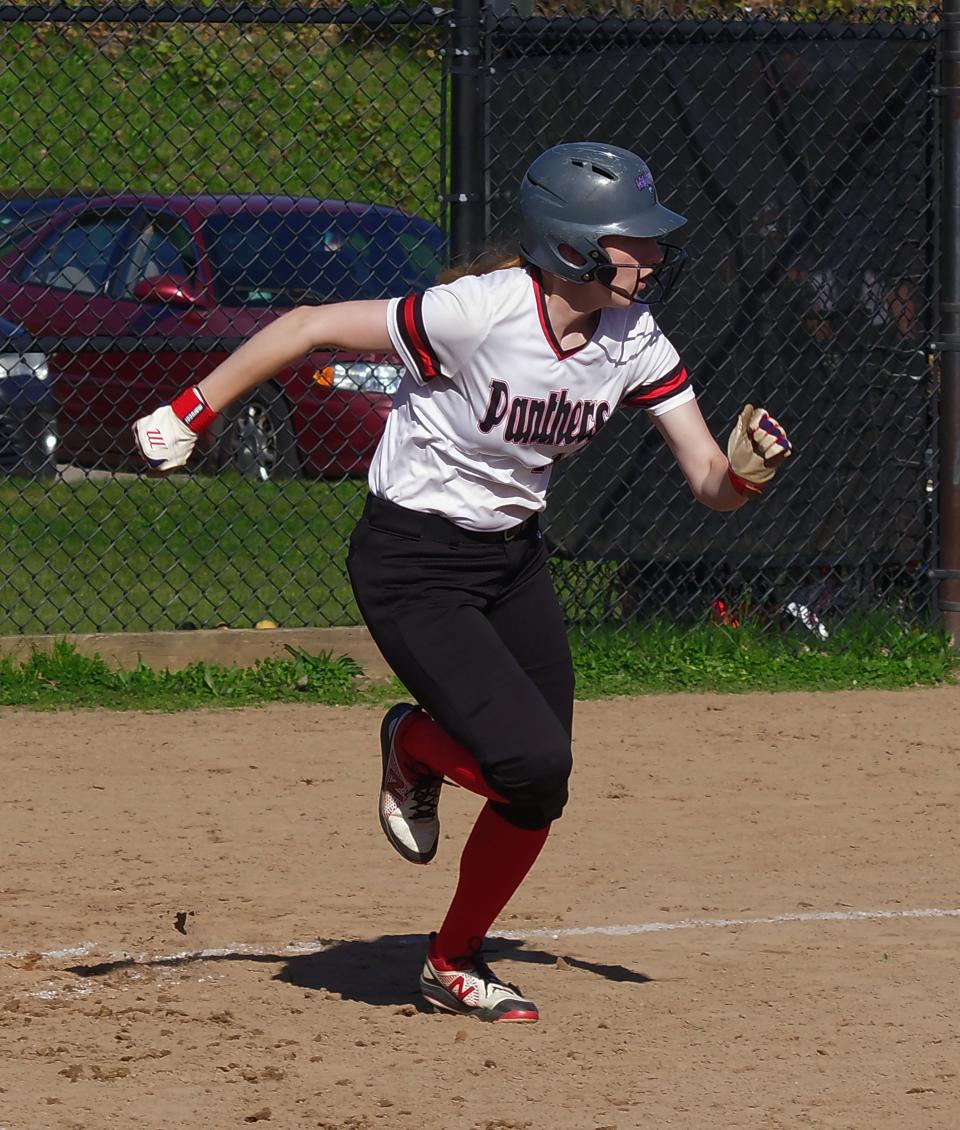 Whitman-Hanson center fielder Taryn Leonard on Tuesday, May 7, 2024, running to first after getting a hit early in the game against Plymouth North..