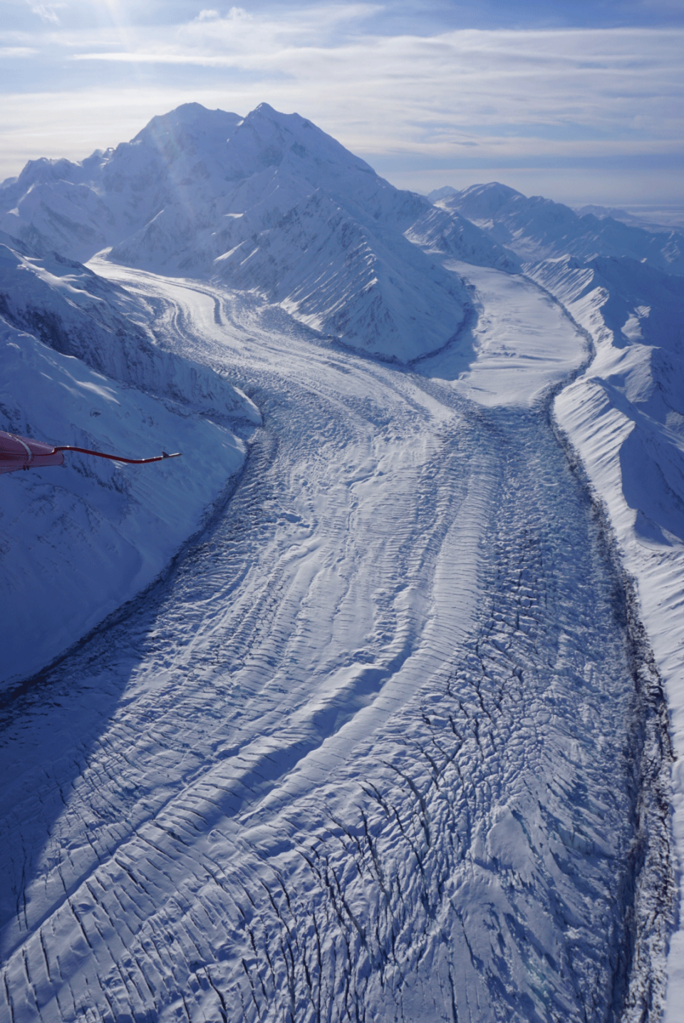 The Muldrow glacier flowing off the Denali peak in Alaska, has begun moving at 10 to 100 times faster than its normal speed.
