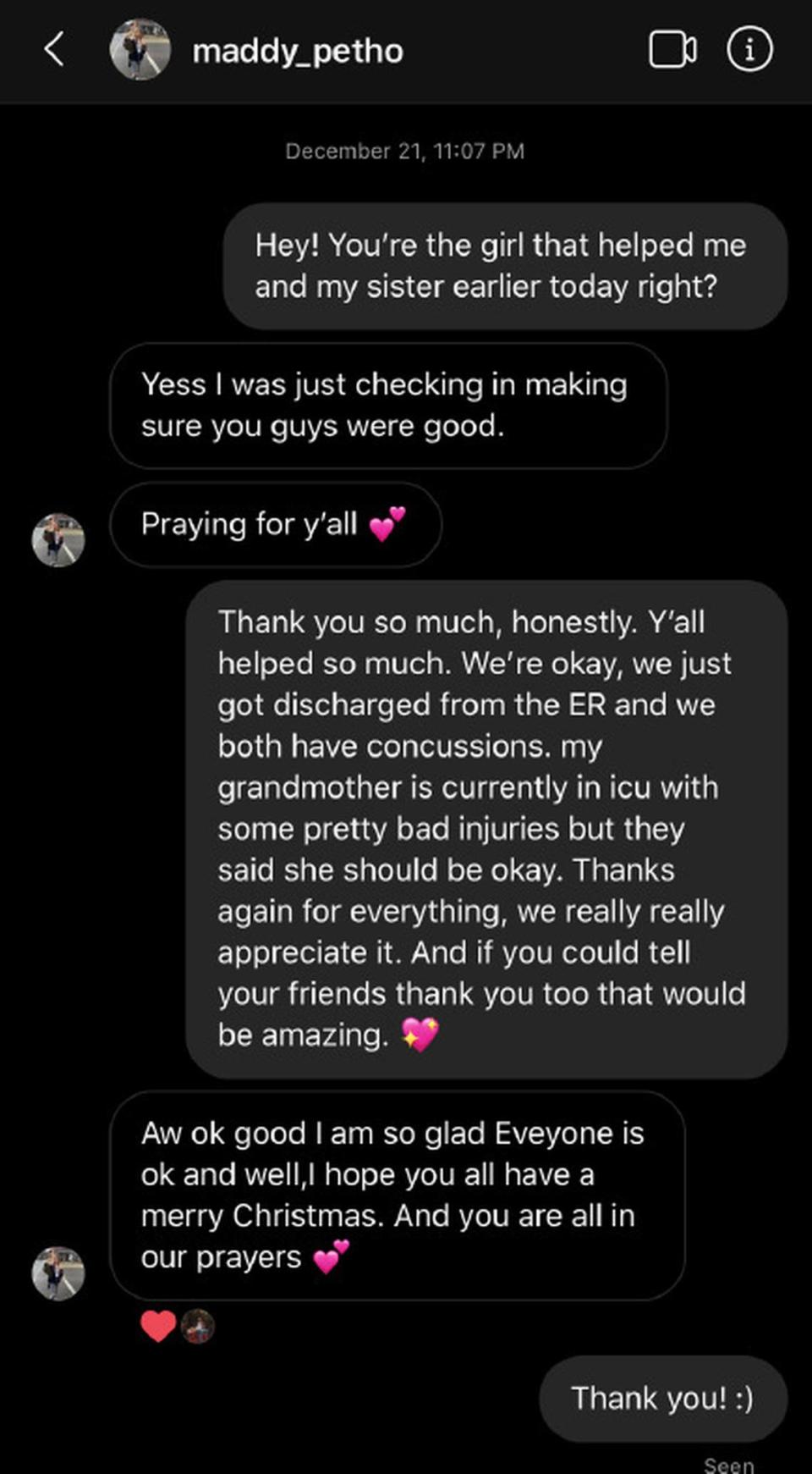 Messages exchanged on Instagram between Maddy Petho and Faith Simpson several hours after the accident.