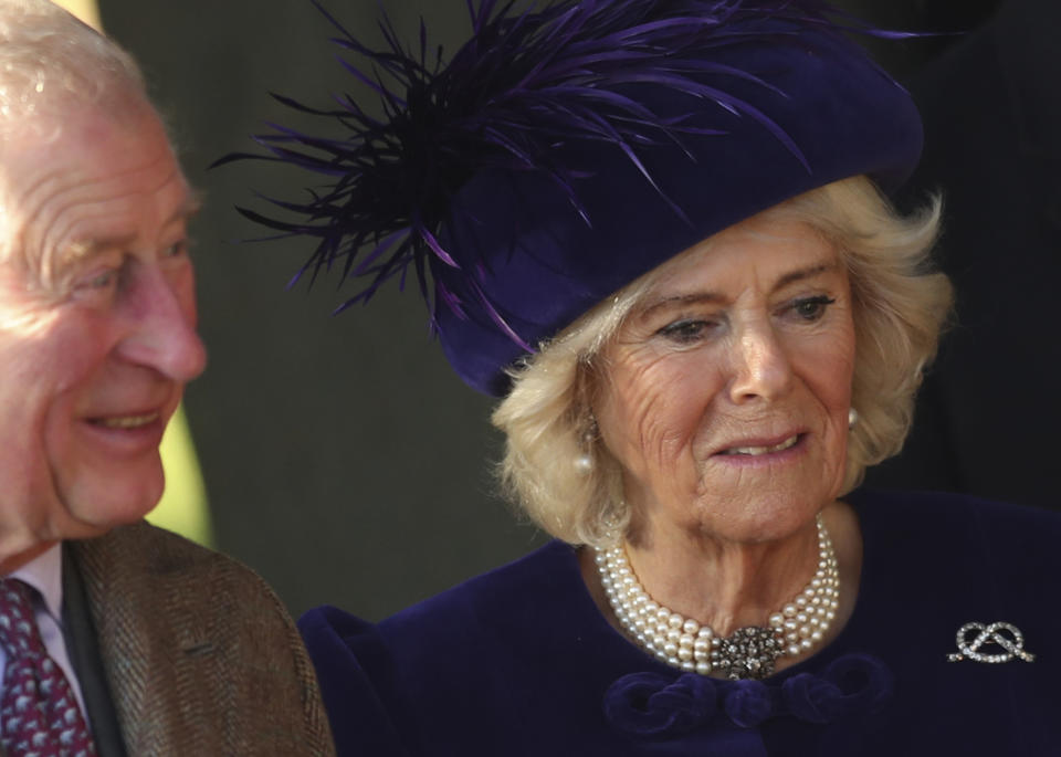 Britain's Prince Charles, Prince of Wales and Camilla, Duchess of Cornwall after attending a Christmas day service at the St Mary Magdalene Church in Sandringham in Norfolk, England, Wednesday, Dec. 25, 2019. (AP Photo/Jon Super)