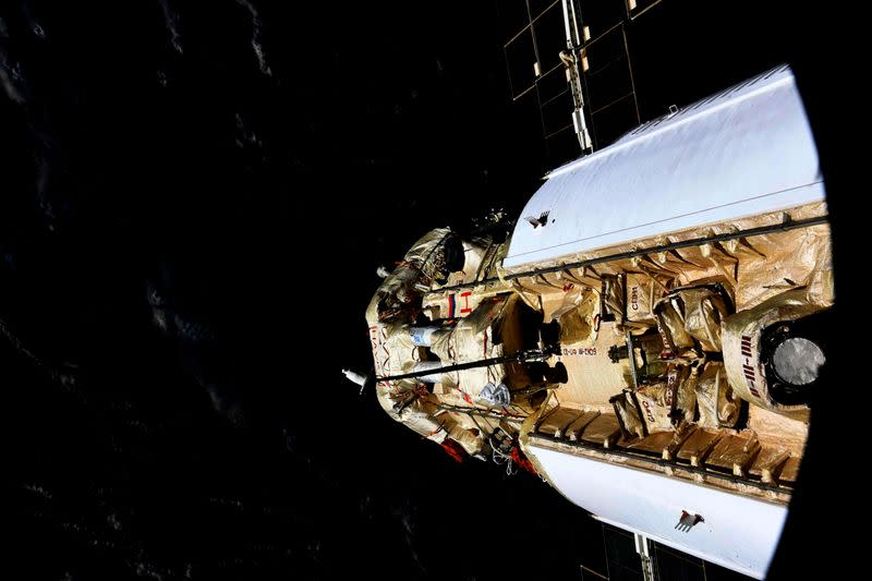 The Nauka (Science) Multipurpose Laboratory Module is seen docked to the International Space Station (ISS)