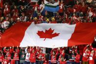 Supporters of Canada pass the flag before their IIHF World Junior Championship ice hockey game against Slovakia in Malmo, Sweden, December 30, 2013. REUTERS/Alexander Demianchuk (SWEDEN - Tags: SPORT ICE HOCKEY)