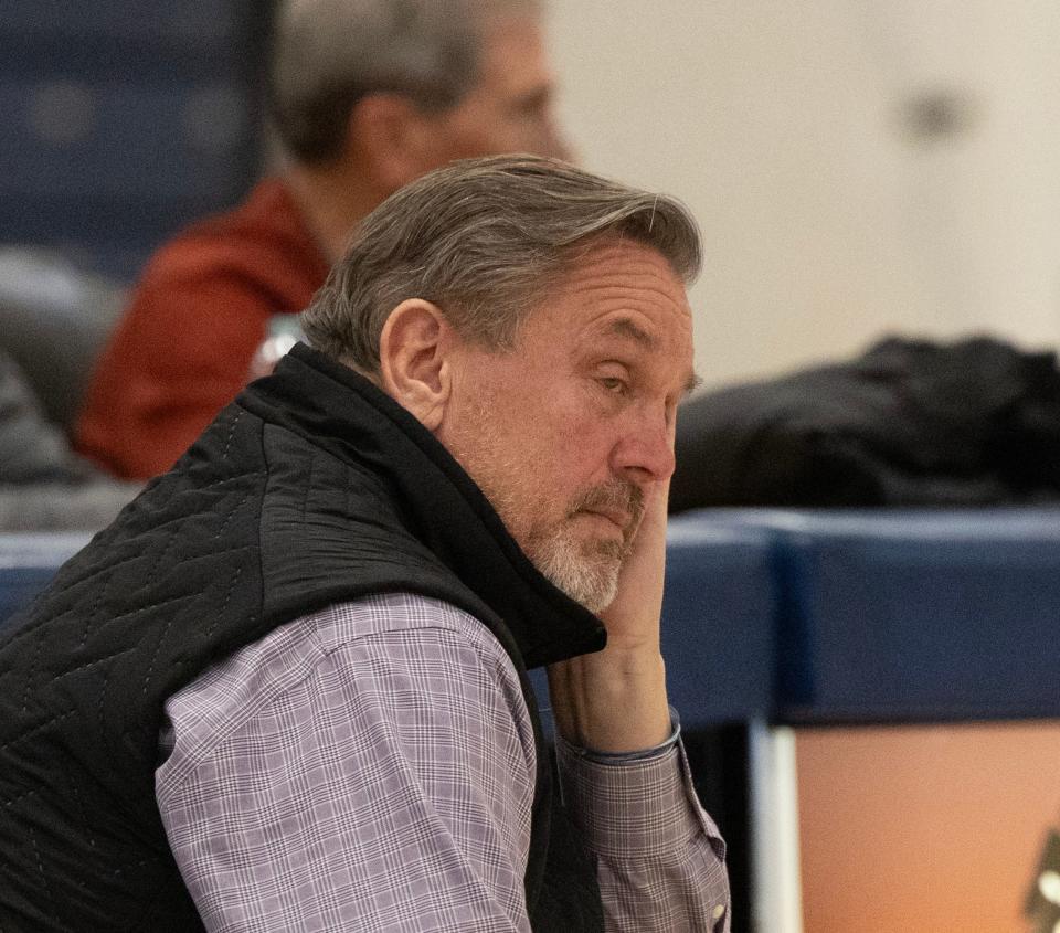 Rumson coach Dave Callahan at Tuesday's game  vs Point Pleasant Borough in 2023 WOBM Christmas Tournament opening round in Toms River on December 26, 2023.