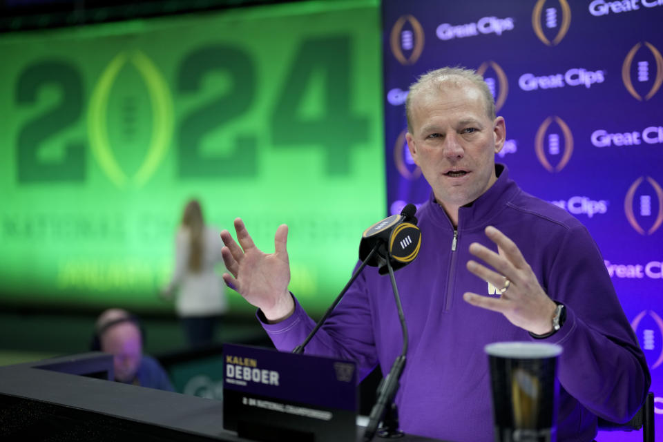 Washington head coach Kalen DeBoer participates during media day ahead of the national championship NCAA College Football Playoff game between Washington and Michigan Saturday, Jan. 6, 2024, in Houston. The game will be played Monday. (AP Photo/David J. Phillip)