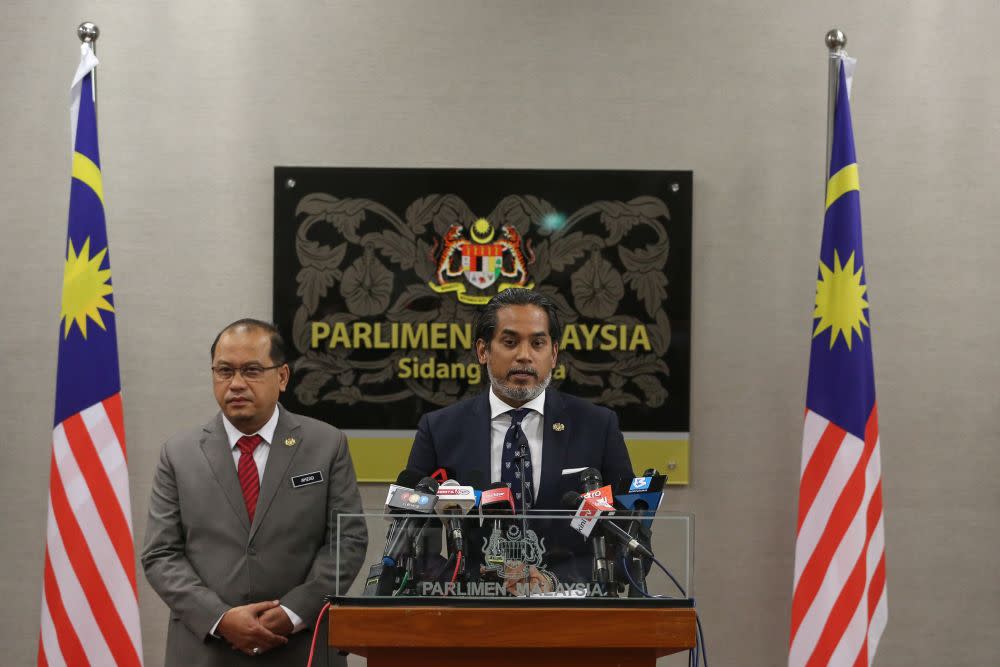 Science, Technology and Innovation Minister Khairy Jamaluddin speaks during a press conference at Parliament in Kuala Lumpur January 5, 2021. — Picture by Yusof Mat Isa