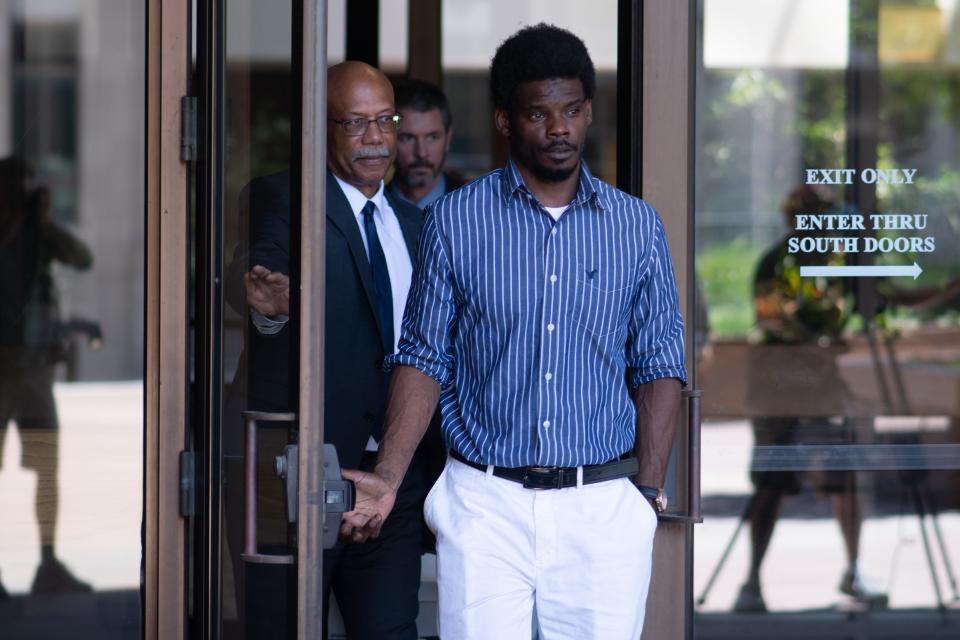 Timothy Harris walks Thursday afternoon out of the federal courthouse in Topeka after a jury ruled that Topeka Police Officer Chris Janes did not violate his Constitutional rights while arresting him in January 2018.