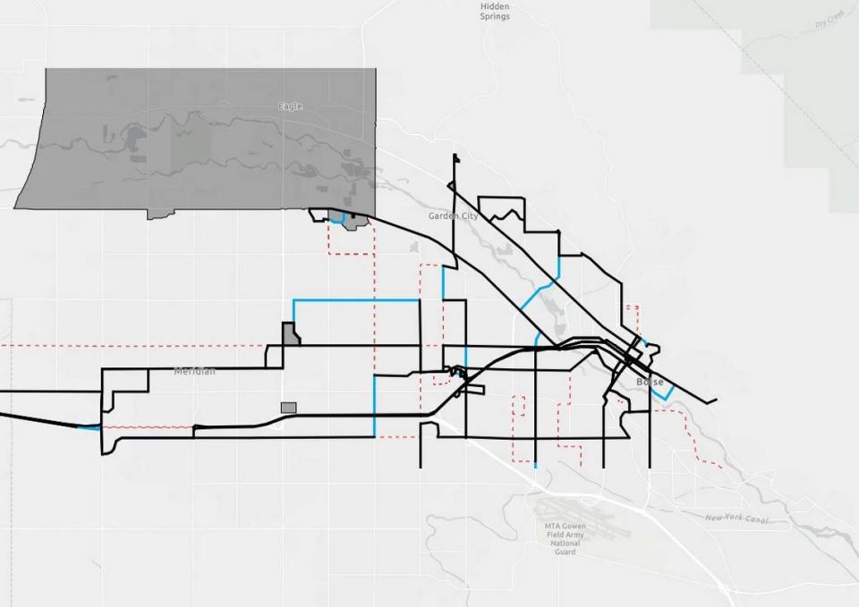 A map shows the expected changes to Valley Regional Transit’s routes in the Boise area. Black routes were not changed, blue routes are new routes, and dotted red lines show existing routes on the chopping block. The gray box around Eagle is the area served by the agency’s on-demand service, which lets riders request rides through an app. That coverage area is not expected to change.