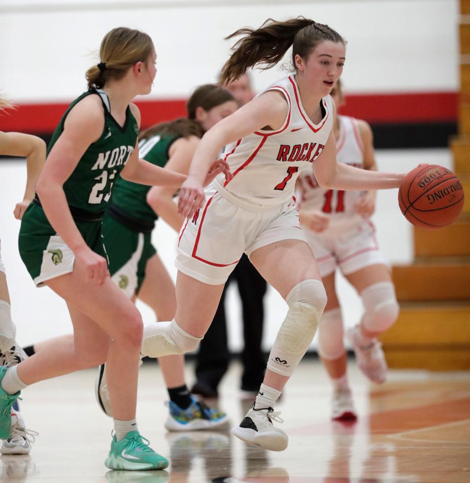 Neenah's Allie Ziebell brings the ball up the court against Oshkosh North's Morgan Kolodzik during their girls basketball game Feb. 16 in Neenah.