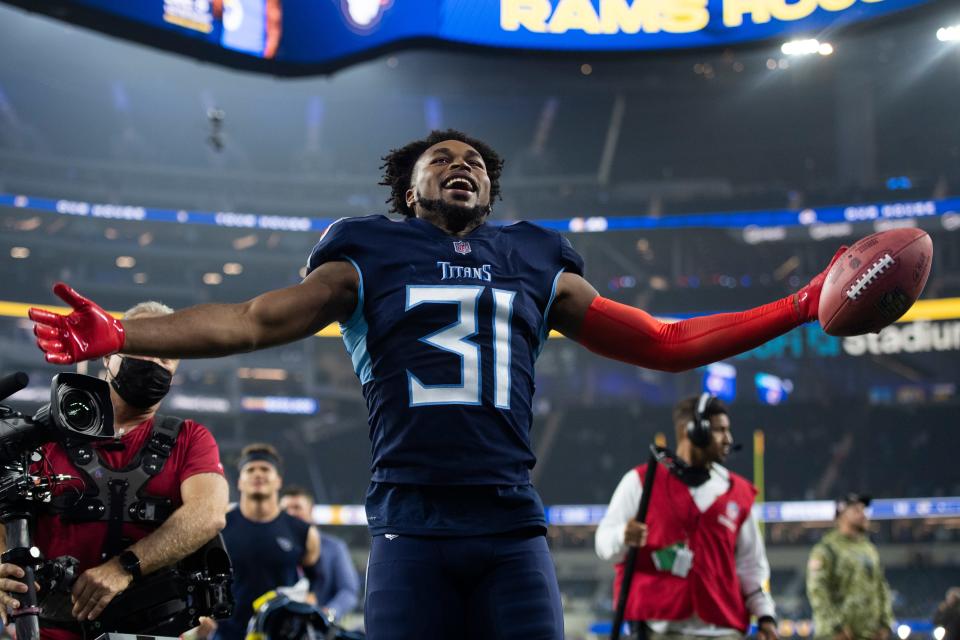 Tennessee Titans free safety Kevin Byard (31) walks back to the locker room after an NFL football game against the Los Angeles Rams Sunday, Nov. 7, 2021, in Inglewood, Calif. (AP Photo/Kyusung Gong)