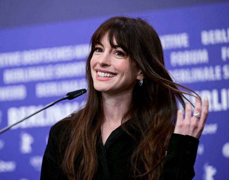 berlin, germany february 16 anne hathaway attends news conference of the movie she came to me as part of the 73rd berlinale international film festival in berlin, germany on february 16, 2023 photo by abdulhamid hosbasanadolu agency via getty images