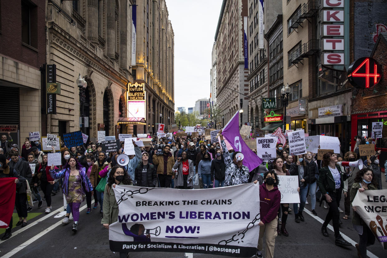 Hundreds of abortion rights activists march during a protest in downtowj Boston on Tuesday. (Erin Clark/The Boston Globe via Getty Images)