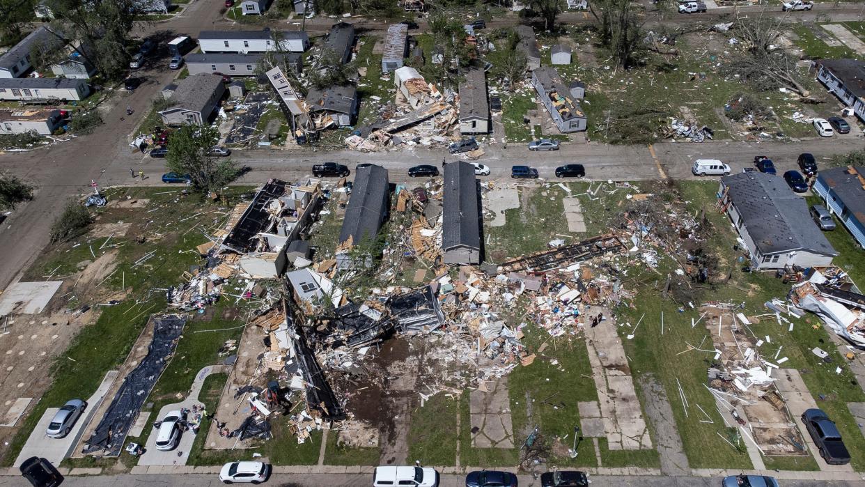 Tornado damage at Pavilion Estates mobile home community in Kalamazoo on Wednesday, May 8, 2024.