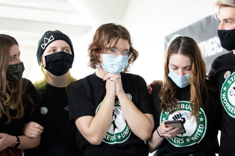 Members react during Starbucks union vote in Buffalo, New York