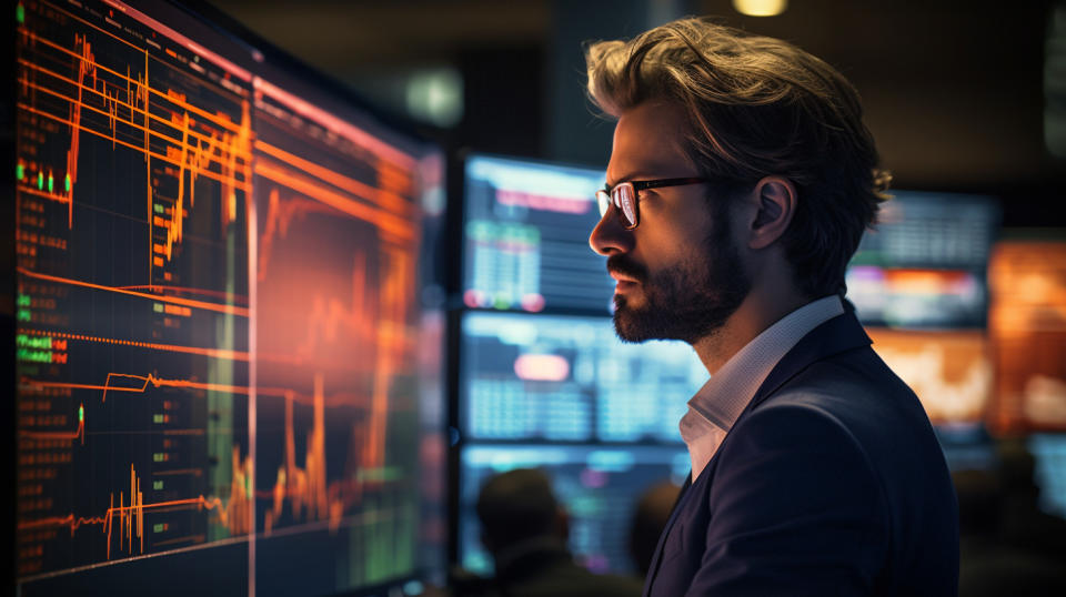 A commodities trader staring intently at an online trading platform, examining the trading opportunities.