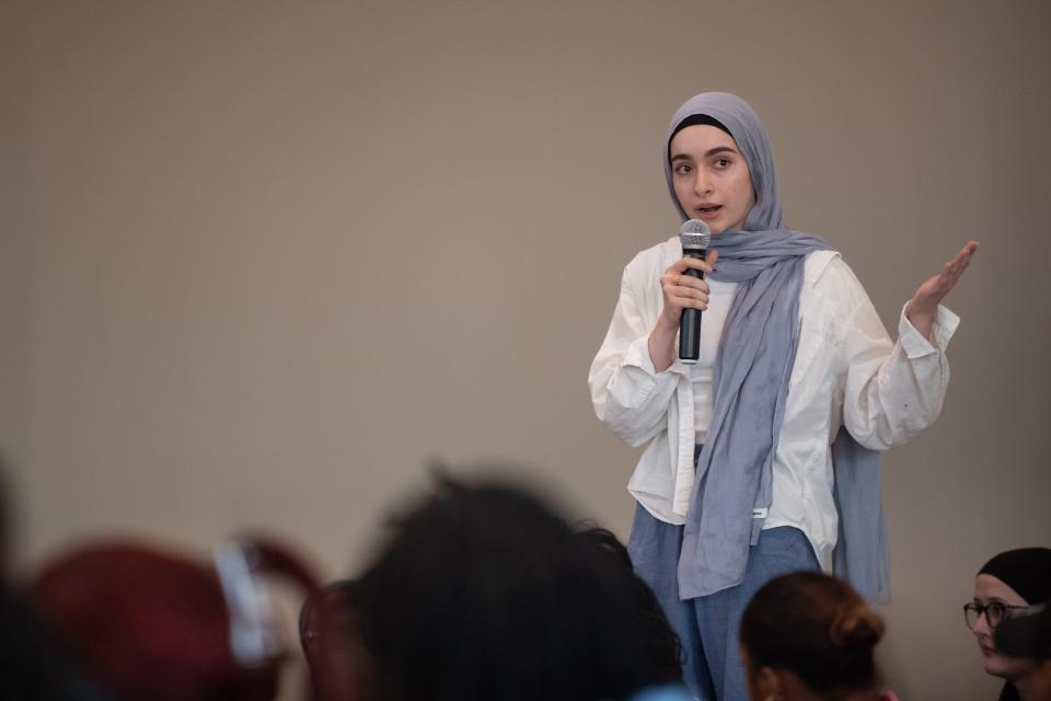 UM for Palestine member Zynub Al-Sherri, a senior at the University of Mississippi, speaks during a town hall meeting organized by the university’s NAACP chapter in response to the Israel-Palestine war protest that occurred in Oxford on Monday.
