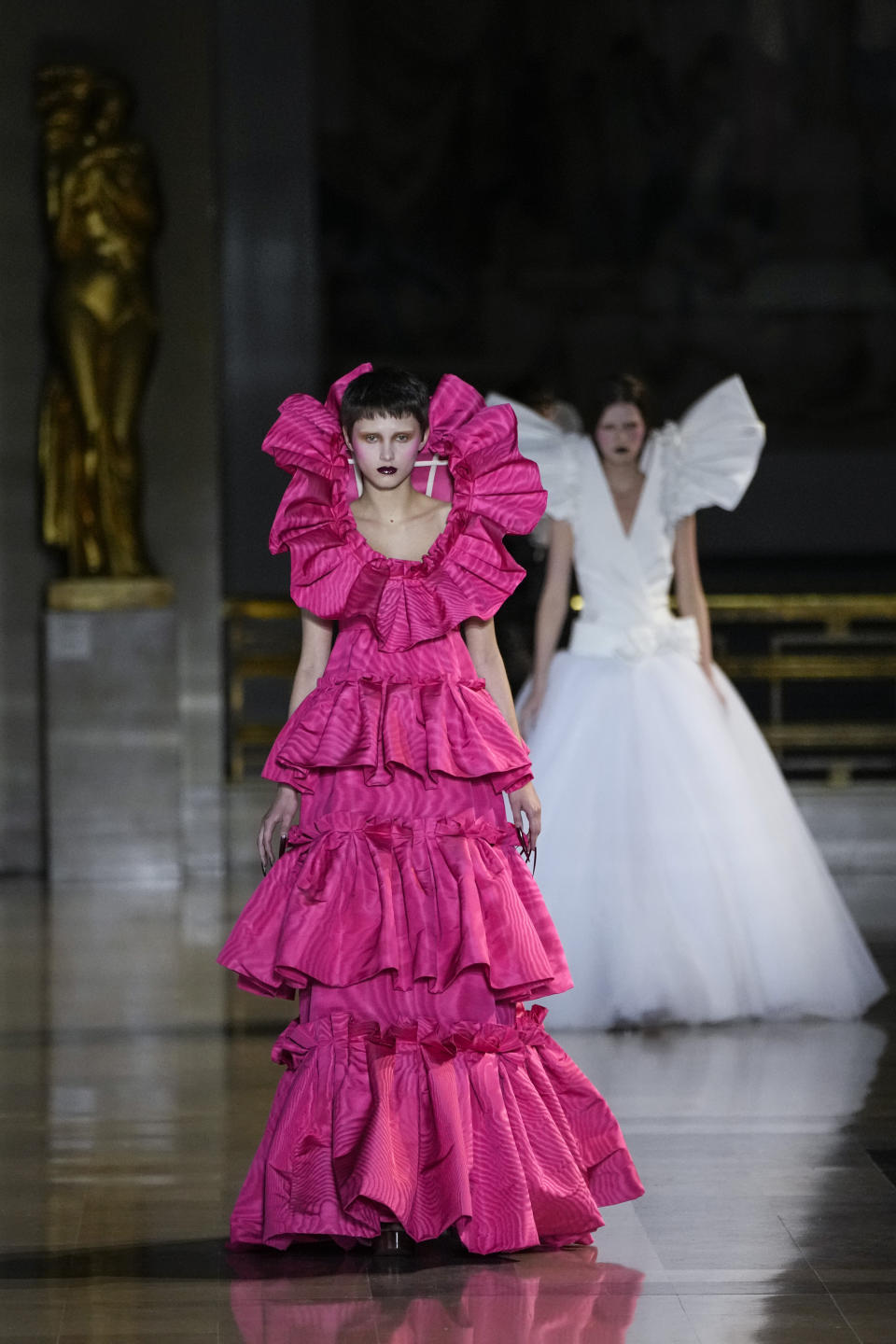 A model wears a creation for the Viktor&Rolf Spring-Summer 2022 Haute Couture fashion collection, in Paris, Wednesday, Jan. 26, 2022. (AP Photo/Thibault Camus)