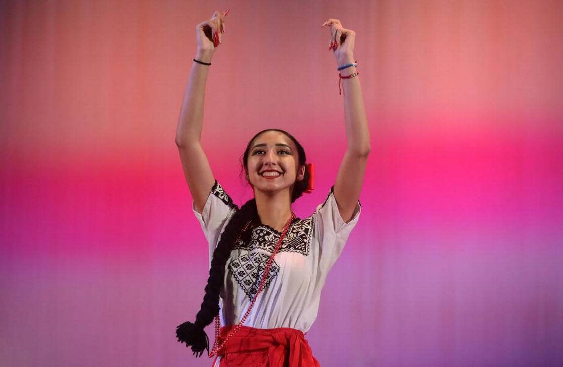 Nimsi Martínez performs ‘Pichito Amoroso’ from Campeche at Central East Danzantes de Tláloc 25th anniversary show at the Performing Arts Center on May 26, 2023.