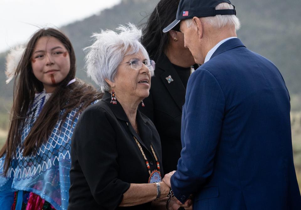 President Joe Biden talks with Colorado River Indian Tribes Chairwoman Amelia Flores (center), August 8, 2023, at the historic Red Butte Airfield near Tusayan, Arizona.