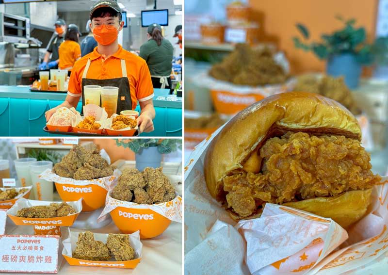 Popeyes®以「極磅爽脆炸雞」（左下圖）與「勁厚布里歐雞腿堡」（右圖）等令人醉心的美味，風靡全球社群。（潘韜宇攝影）