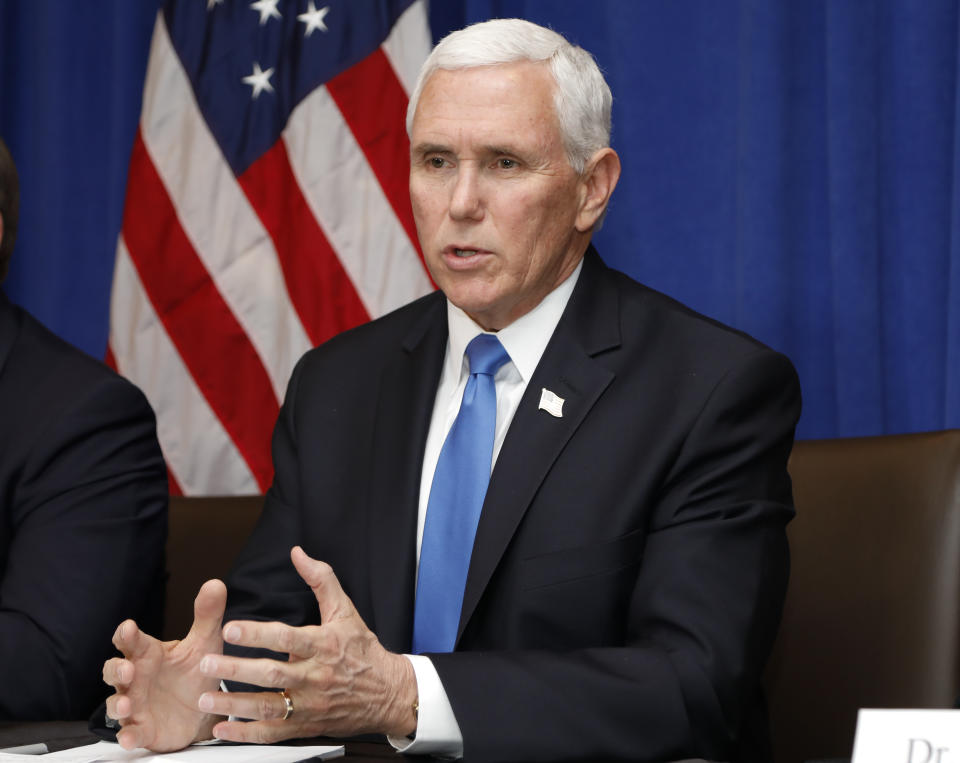 Vice President Mike Pence speaks during a Florida Coronavirus Response Meeting, at the West Palm Beach International Airport, Friday, Feb. 28, 2020, in West Palm Beach, Fla. (AP Photo/Terry Renna)