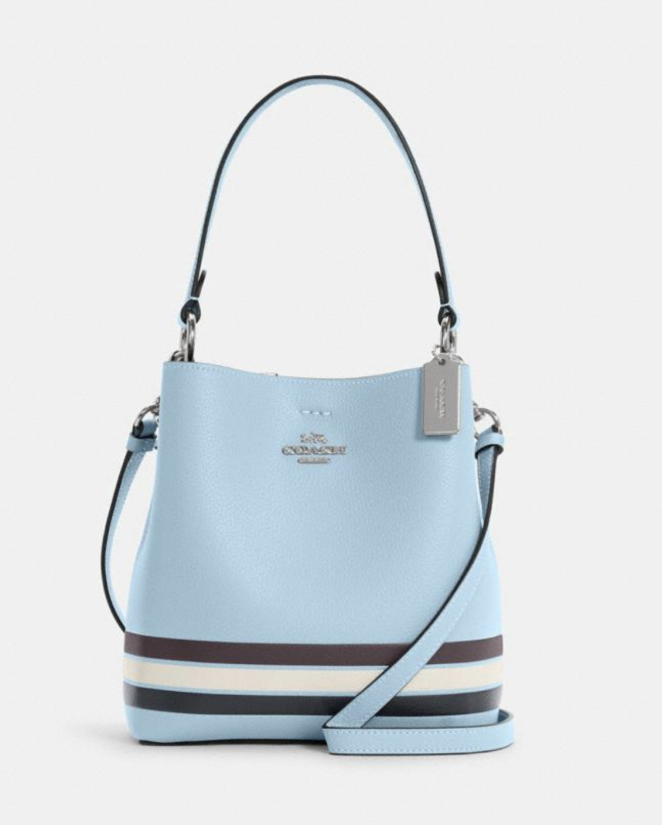 Small Town Bucket Bag in Colorblock with Stripe in Waterfall Midnight Multi (Photo via Coach Outlet)