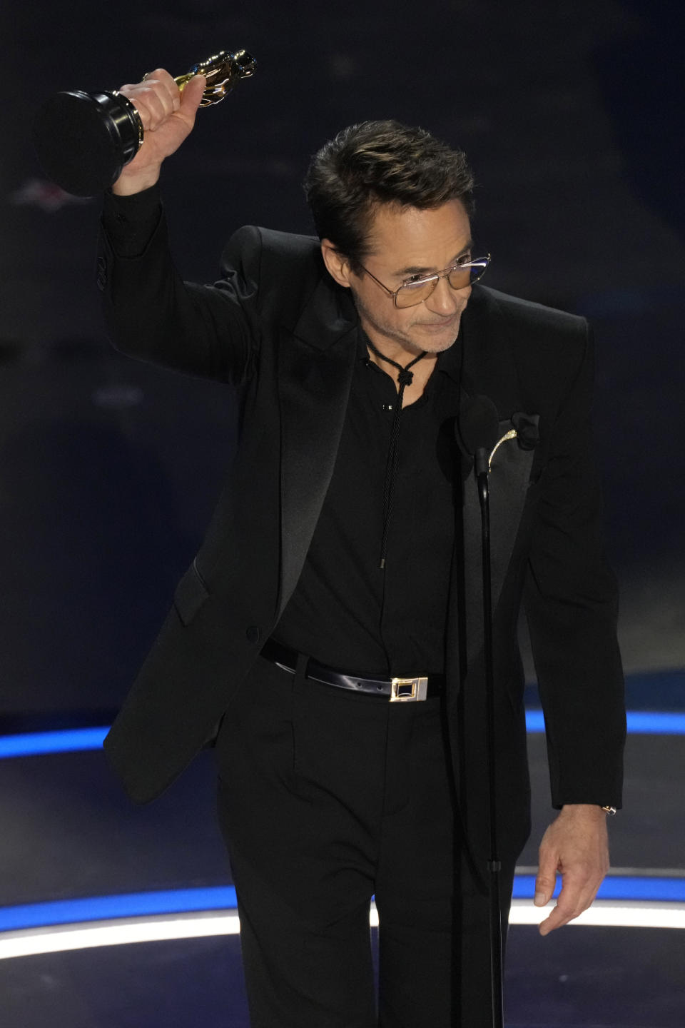 Robert Downey Jr. accepts the award for best performance by an actor in a supporting role for "Oppenheimer" during the Oscars on Sunday, March 10, 2024, at the Dolby Theatre in Los Angeles. (AP Photo/Chris Pizzello)