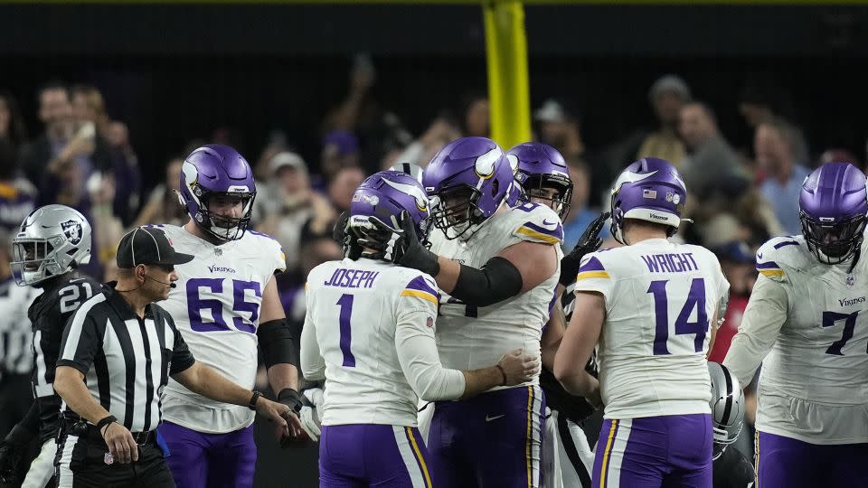 Joseph celebrates his game-winning field goal against the Raiders. - John Locher/AP