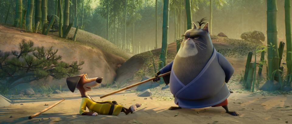 This mage released by Paramount Pictures shows Hank, voiced by Michael Cera, left, and Jimbo, voiced by Samuel L. Jackson, in a scene from "Paws of Fury: The Legend of Hank." (Paramount Pictures via AP)