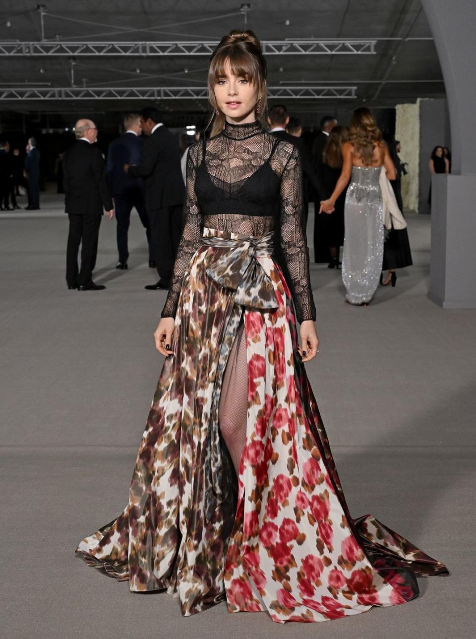 emily in paris cast lily collins see through lace gown