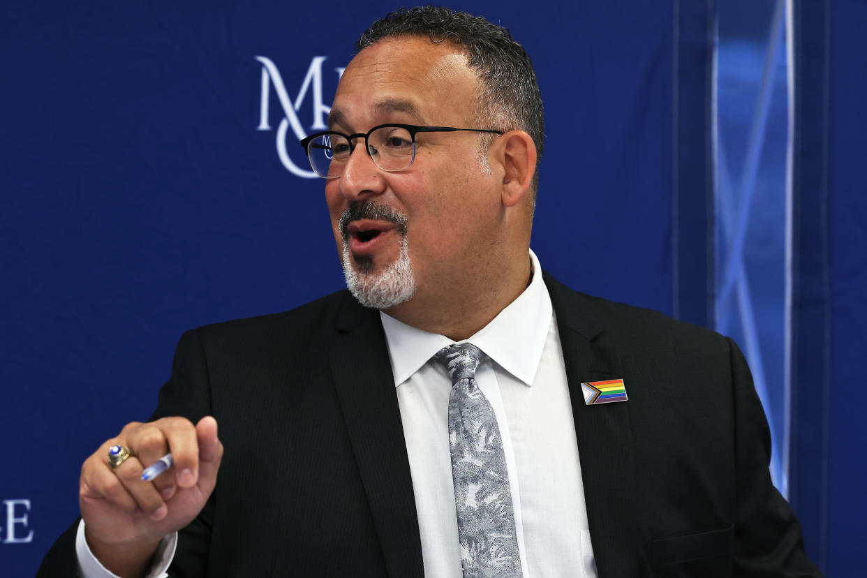 NEW YORK, NEW YORK - JUNE 14: U.S. Secretary of Education Miguel Cardona speaks during a roundtable discussion at Mercy College on June 14, 2021 in the Pelham Bay neighborhood of the Bronx borough in New York City. Secretary of Education Miguel Cardona was joined by Rep. Jamaal Bowman (D-NY), University of the State of New York Commissioner of Education and President Dr. Betty Rosa, New York City Department of Education Chancellor Meisha Porter as well as NYC students and teachers to discuss education and how to improve the teacher pipeline, especially for students of color.   (Photo by Michael M. Santiago/Getty Images)