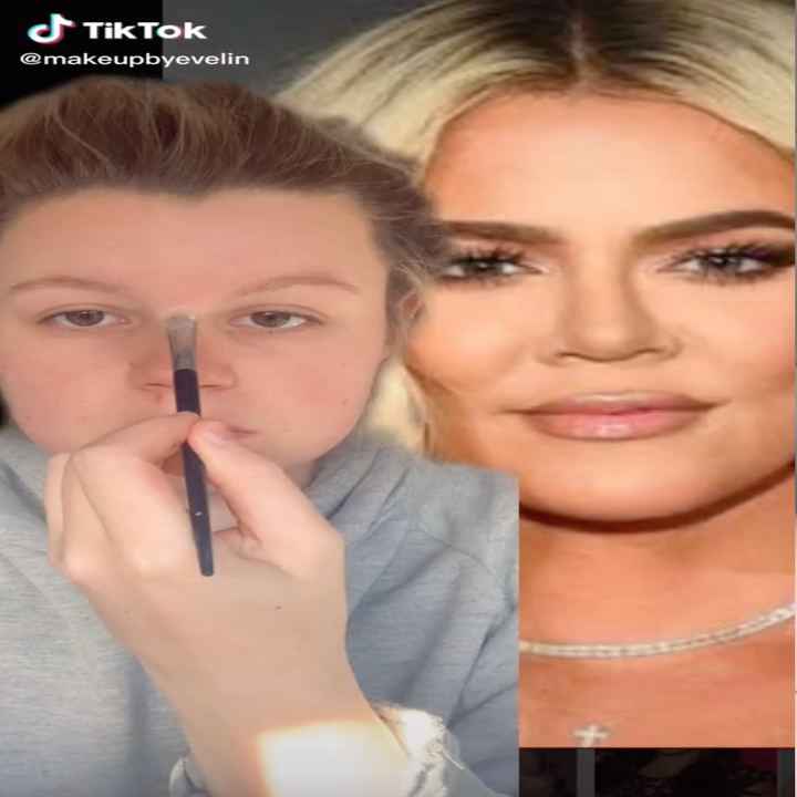 Evelin starts her makeup in her TikTok video next to a photo of Khloe Kardashian for reference