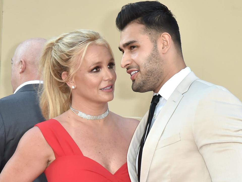 Britney Spears and Sam Asghari attend the Los Angeles premiere of "Once Upon A Time In Hollywood" at TCL Chinese Theatre on July 22, 2019 in Hollywood, California.