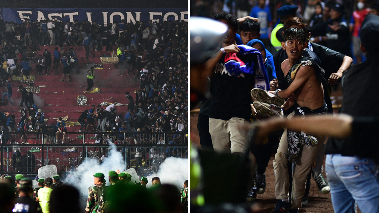 Security personnel (pictured left) intervene on the pitch after a stampede and (pictured right) fans leaving the stadium during the riot.