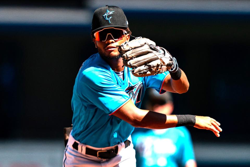 MIAMI, FLORIDA - OCTOBER 13: Miami Marlins Jordan McCants during the Miami Marlins Fall Development Camp on October 13, 2021 at loanDepot park in Miami, Florida. (Joseph Guzy/Miami Marlins)