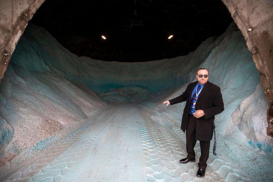 Steve Shaya, Director of Roads Division at Wayne County Department of Public Services, gives a tour of the salt dome at the South Wayne Yard on Dec. 14, 2022.