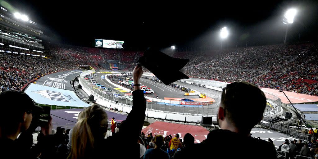 los angeles, ca february 05 a race fan cheers for a driver during the nascar busch light clash at the los angeles memorial coliseum in los angeles on sunday, feb 5, 2023 photo by will lestermedianews groupinland valley daily bulletin via getty images