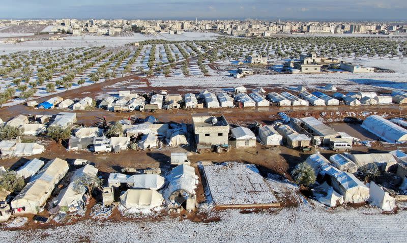 A general view of a partially snow covered camp for internally displaced people, in northern Aleppo countryside