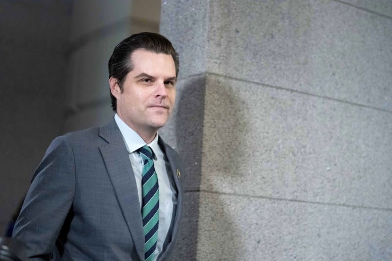 Rep. Matt Gaetz, R-FL, walks through the first floor of the Capitol after attending a House Republican members meeting at the U.S. Capitol in Washington, DC on Thursday, October 19, 2023. Republicans met after a second round of votes failed to elect a new speaker yesterday, when 22 members voted against nominee Rep. Jim Jordan, R-OH. Photo by Bonnie Cash/UPI