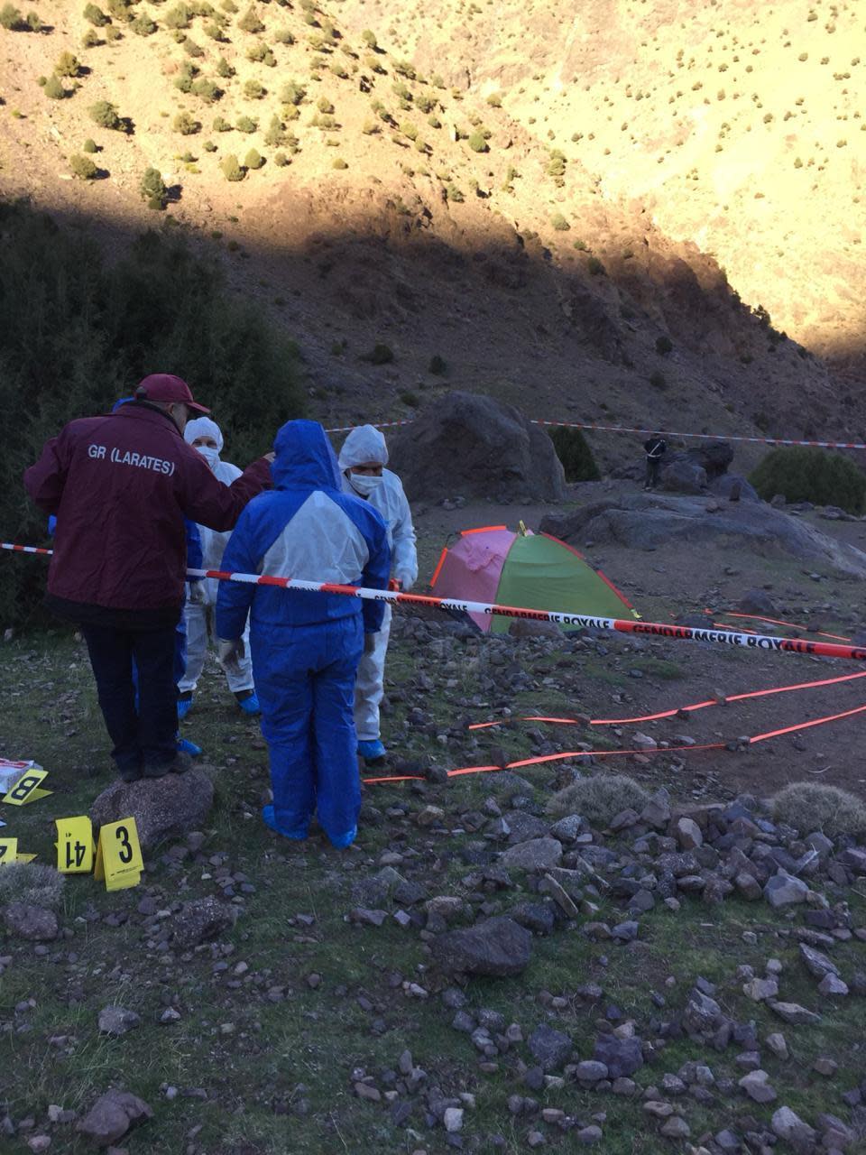 Morocco backpacker deaths: Danish hiker Louisa Vesterager Jespersen and Norway's Maren Uelan killed. A forensic team scours the grounds of the campsite where the backpackers were found. Source: AP