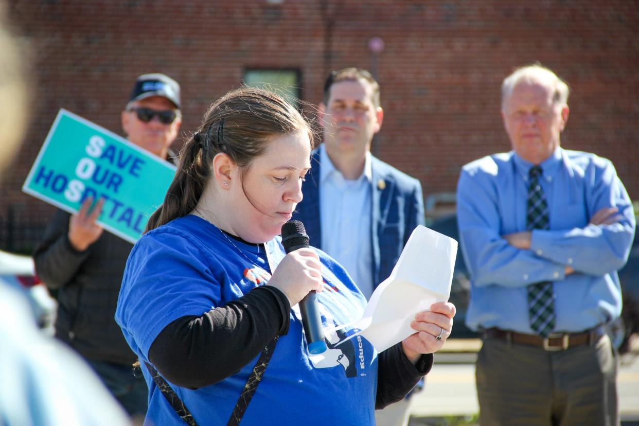 Health care workers and their supporters rally outside Saint Anne's Hospital in Fall River, pushing for secure ownership of Steward Health Care facilities, on Thursday, April 25, 2024.