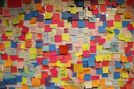 Messages written on post-it notes decorate a wall that was started in reaction to the election of President-elect Donald Trump in New York, U.S., November 15, 2016. REUTERS/Lucas Jackson