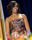 <b>White House Correspondents Association Dinner, April 2012</b><br><br>Michelle showed she's not afraid to try different fabrics and prints with this strapless Naeem Khan multi-colored print dress. The cut is a favourite of the First Lady's and shows of her famously toned upper arms.