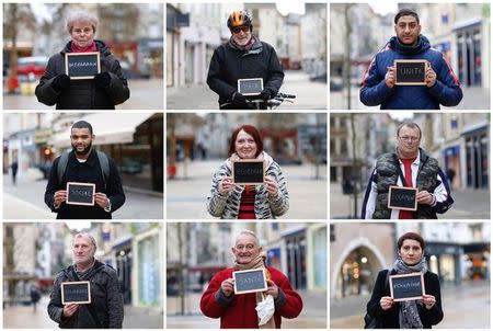 A combination picture shows people holding up blackboards showing the most important election issues for them, including health, education, and unity, as they pose for Reuters in Chartres, France February 1, 2017. REUTERS/Stephane Mahe