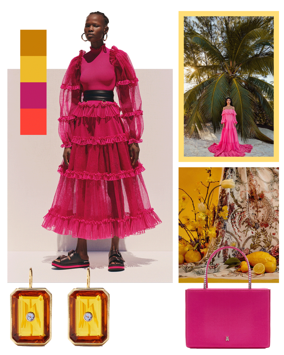 <p>Turn to your favorite (or would-be wedding) destination for a palette of hues you can use. A combo of bright lemon and coral, and shades of ochre, chartreuse, red, and textured green, anchored in shades of cream, speaks to the vibrant landscape of tropical locales. This collection of colors is smile inducing and memory jogging, but translates well to whatever your chosen destination may be. Turn to your favorite landscapes, hotels, restaurants, spas, and more for inspiration, then translate that via florals, fabrics, food, and more.</p><p><em>Pictured: Alexander McQueen Resort SS 2020<em>; Valentino dress <a href="https://www.harpersbazaar.com/fashion/trends/a30982999/fashion-trends-2020/" rel="nofollow noopener" target="_blank" data-ylk="slk:captured by Carla Guler;elm:context_link;itc:0;sec:content-canvas" class="link ">captured by Carla Guler</a>; <em>Florals by <a href="https://www.harpersbazaar.com/wedding/planning/g7067/spring-wedding-flowers/" rel="nofollow noopener" target="_blank" data-ylk="slk:Putnam & Putnam;elm:context_link;itc:0;sec:content-canvas" class="link ">Putnam & Putnam</a></em>; Lizzie Fortunato earrings, $386, <a href="https://go.redirectingat.com?id=74968X1596630&url=https%3A%2F%2Fwww.matchesfashion.com%2Fus%2Fproducts%2FLizzie-Fortunato-Tile-tanzanite%252C-quartz-%2526-gold-plated-earrings-1435450&sref=https%3A%2F%2Fwww.harpersbazaar.com%2Fwedding%2Fplanning%2Fg37995937%2Fwedding-color-scheme-ideas%2F" rel="nofollow noopener" target="_blank" data-ylk="slk:matchesfashion.com;elm:context_link;itc:0;sec:content-canvas" class="link ">matchesfashion.com</a>; <a href="https://go.redirectingat.com?id=74968X1596630&url=https%3A%2F%2Fwww.modaoperandi.com%2Fwomen%2Fdesigner%2Famina-muaddi&sref=https%3A%2F%2Fwww.harpersbazaar.com%2Fwedding%2Fplanning%2Fg37995937%2Fwedding-color-scheme-ideas%2F" rel="nofollow noopener" target="_blank" data-ylk="slk:Amina Muaddi;elm:context_link;itc:0;sec:content-canvas" class="link ">Amina Muaddi</a> bag, $995, <a href="https://go.redirectingat.com?id=74968X1596630&url=https%3A%2F%2Fwww.modaoperandi.com%2Fwomen%2Fp%2Famina-muaddi%2Famini-gilda-crystal-2%2F448822&sref=https%3A%2F%2Fwww.harpersbazaar.com%2Fwedding%2Fplanning%2Fg37995937%2Fwedding-color-scheme-ideas%2F" rel="nofollow noopener" target="_blank" data-ylk="slk:modaoperandi.com;elm:context_link;itc:0;sec:content-canvas" class="link ">modaoperandi.com</a>. </em></em></p>