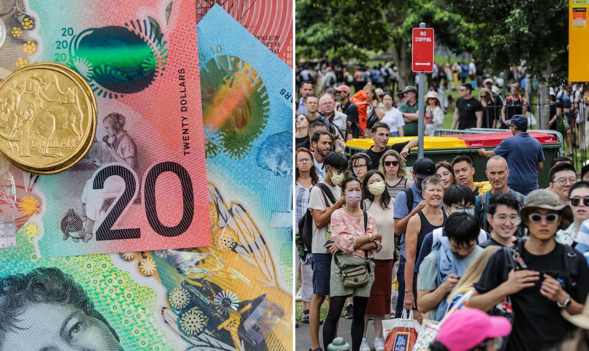 Compilation image of pile of money Australian dollars and people on the street