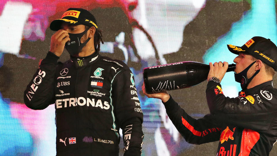 Lewis Hamilton is seen here on the podium after the season-ending Abu Dhabi GP. 