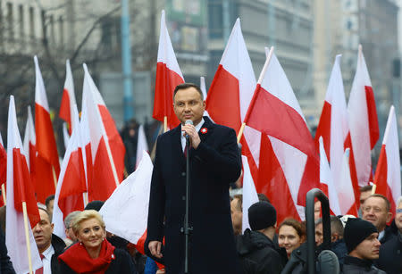 Poland's President Andrzej Duda delivers a speech before the official start of a march marking the 100th anniversary of Polish independence in Warsaw, Poland November 11, 2018. Agencja Gazeta/Agata Grzybowska via REUTERS