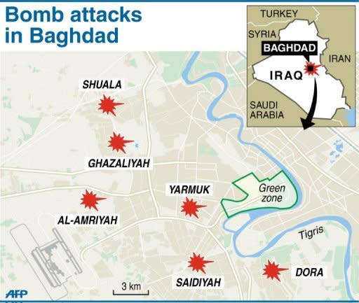 Map of central Baghdad locating Thursday's bomb attacks. A spate of bombings in Baghdad killed at least 16 people and wounded dozens more, shattering a relative calm with the capital's deadliest violence in weeks